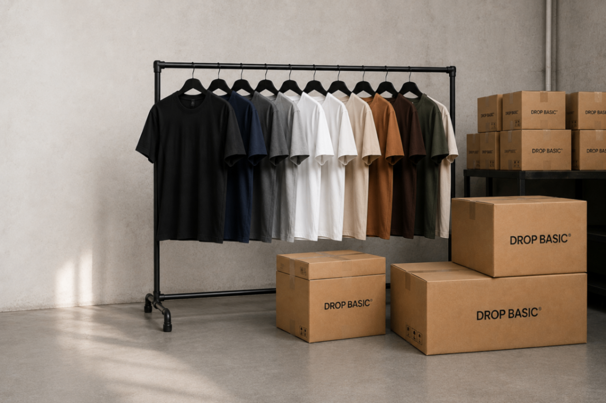 Arara com camisetas básicas DROP BASIC ao lado de caixas de envio da marca