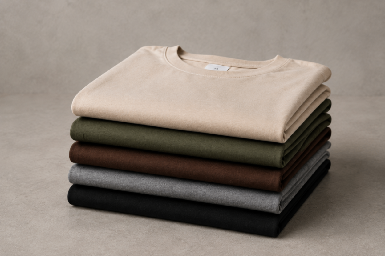 Pilha de camisetas básicas dobradas em tons neutros