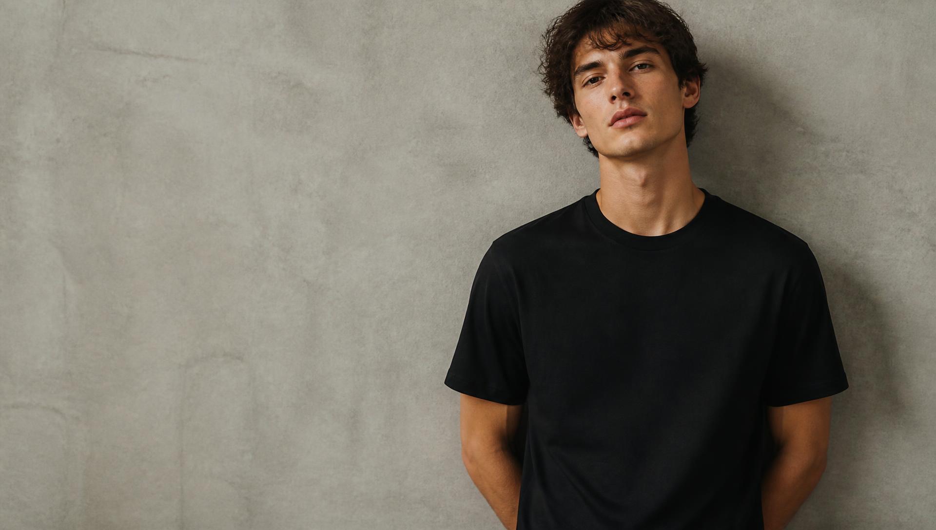 Homem vestindo camiseta básica preta DROP BASIC